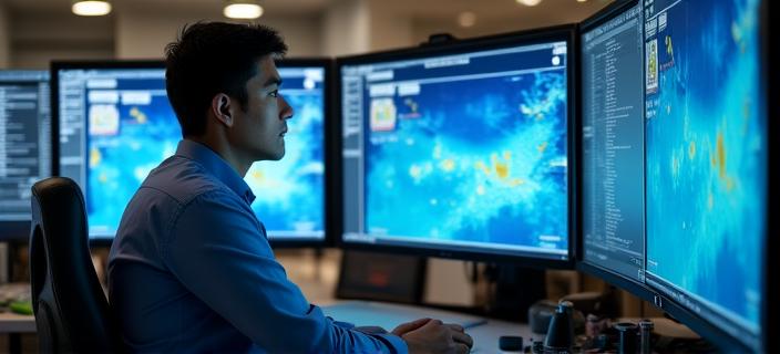 東京・豊島区の解析センターでモニタを表示する技術者